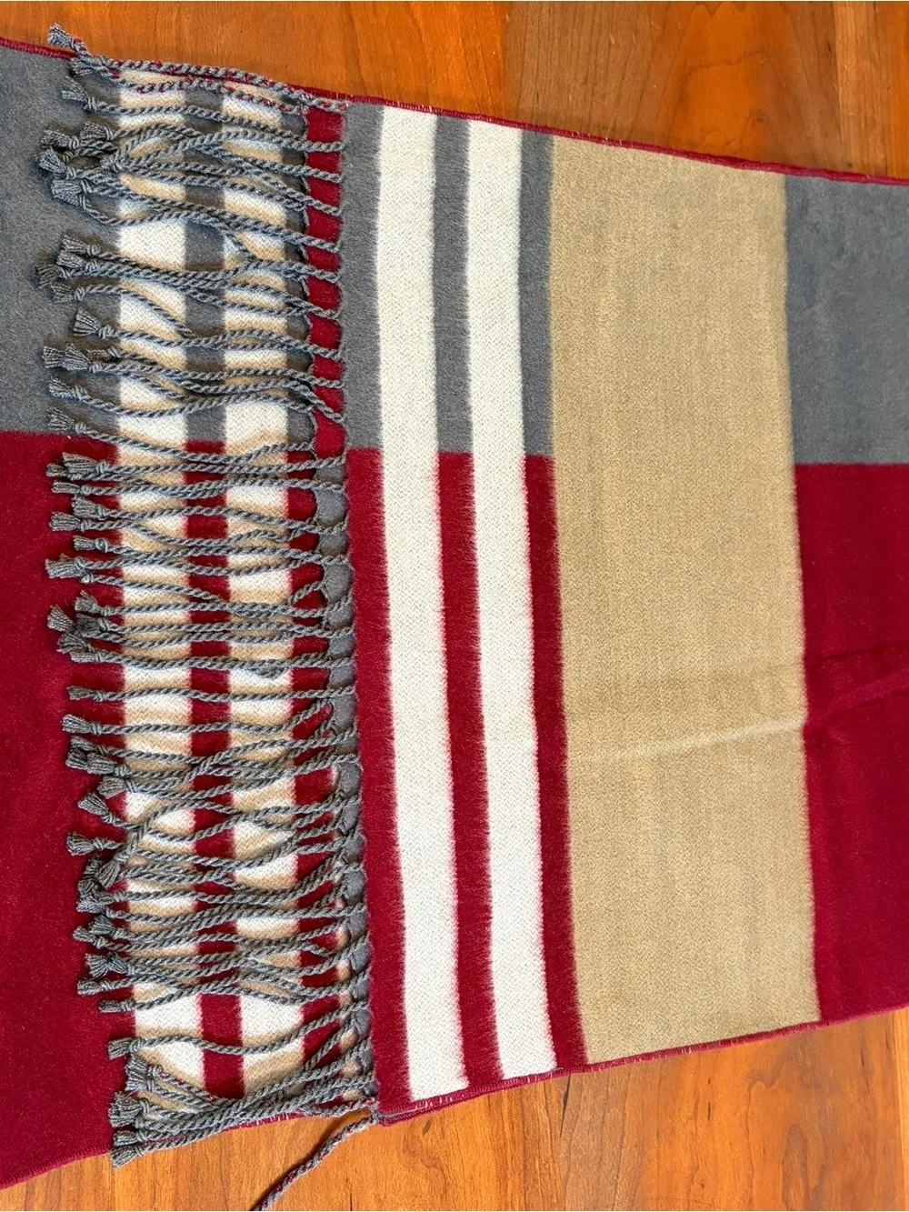 Silk Cozy Striped Fringe Throw Scarf in Red, Gray, and Tan